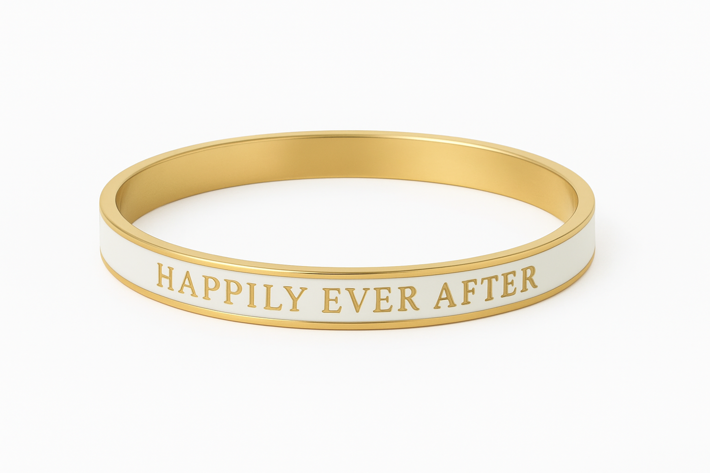 Gold and white bracelet with 'Happily Ever After' text on a white background