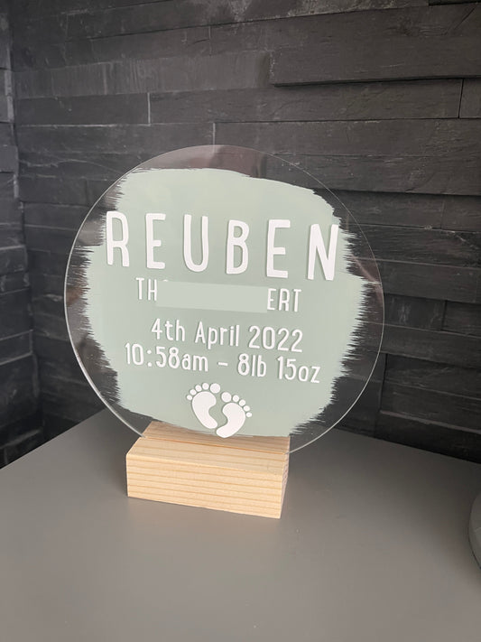New Baby Personalised Gift PAINTED Acrylic Plaque Sign With Wooden Base-1