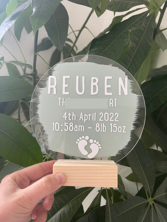 New Baby Personalised Gift PAINTED Acrylic Plaque Sign With Wooden Base-0