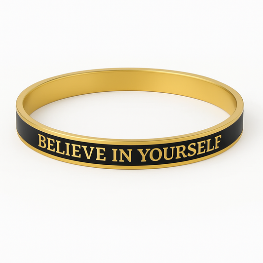 Black and Gold enamel bangle with text that reads 'Believe in Yourself'