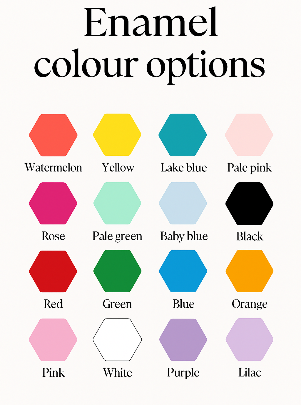 Hexagonal color swatches with names for enamel color options on a white background