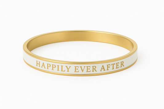 Gold and white bracelet with 'Happily Ever After' text on a white background