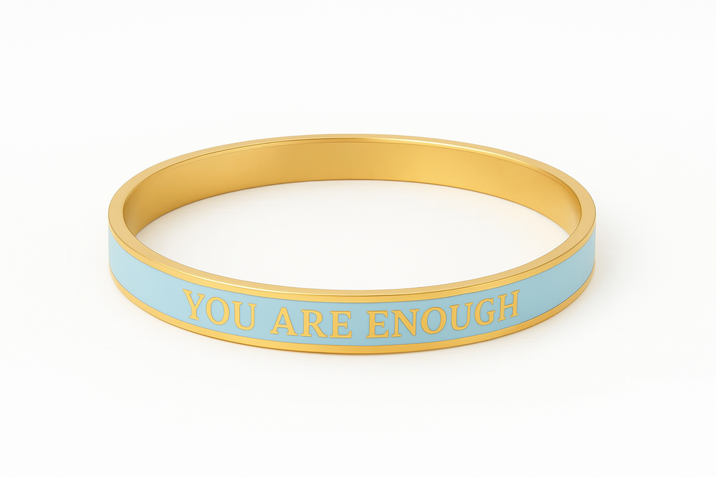 Blue and gold enamel bangle with text 'You are Enough' on a white background