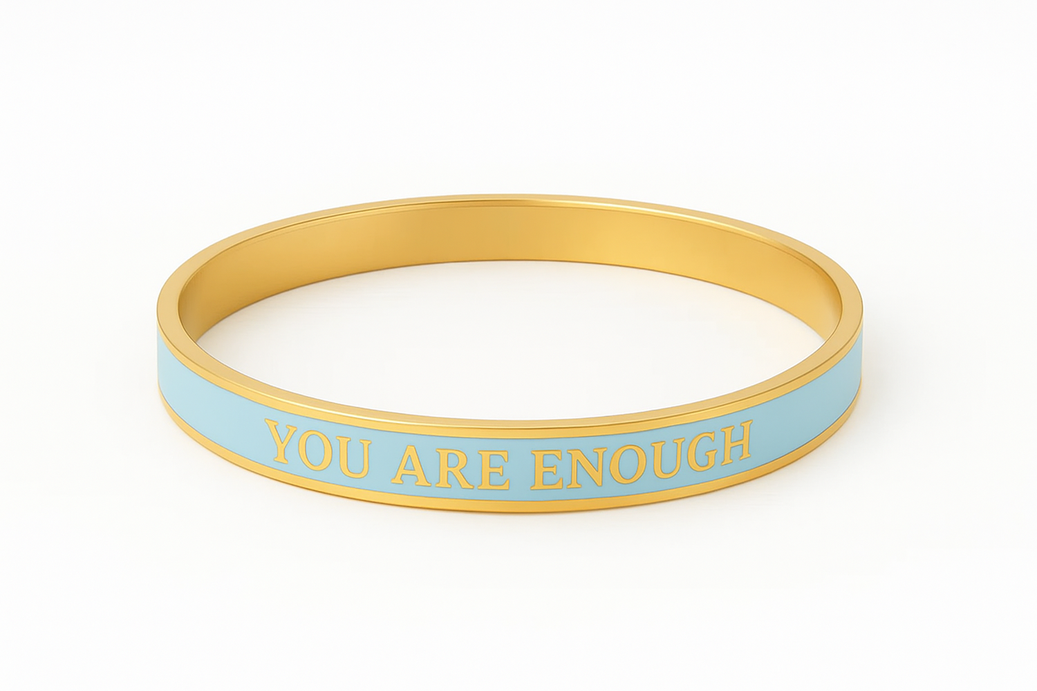 Blue and gold enamel bangle with text 'You are Enough' on a white background